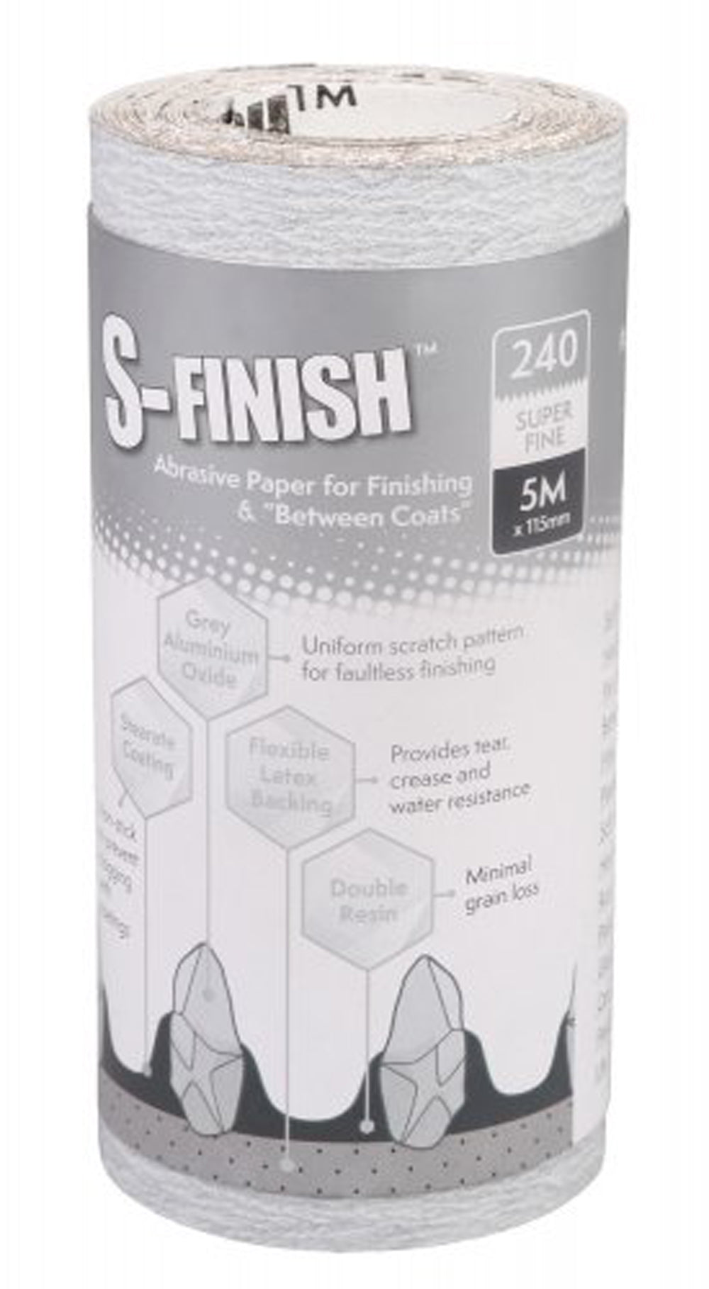 S-Finish Abrasive Paper for Finishing & Between Coats, Grit 400, (grey series) 5m x 115mm